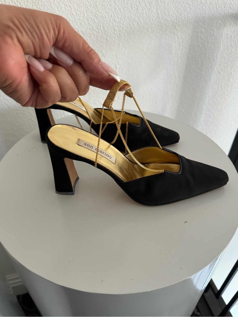 Ann Marino Black Slingback Heels with Gold Chain Straps